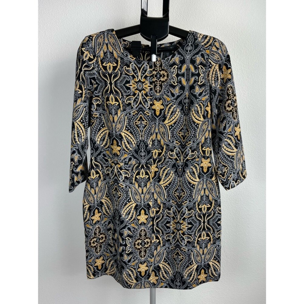 Tahari Mini Preppy Career Dress Sz 10 Black‎ Gold Paisley Shift Soft Academia